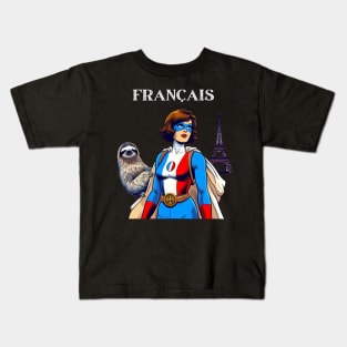 Francais: Female 60's Comic Book Hero with Sloth Kids T-Shirt